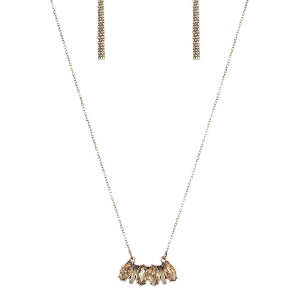 Brass and brown gem necklace with matching fishhook dangle earrings.